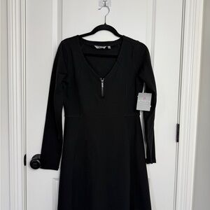 Athleta Black Long-Sleeve V-Neck Zip Fit-and-Flare Dress